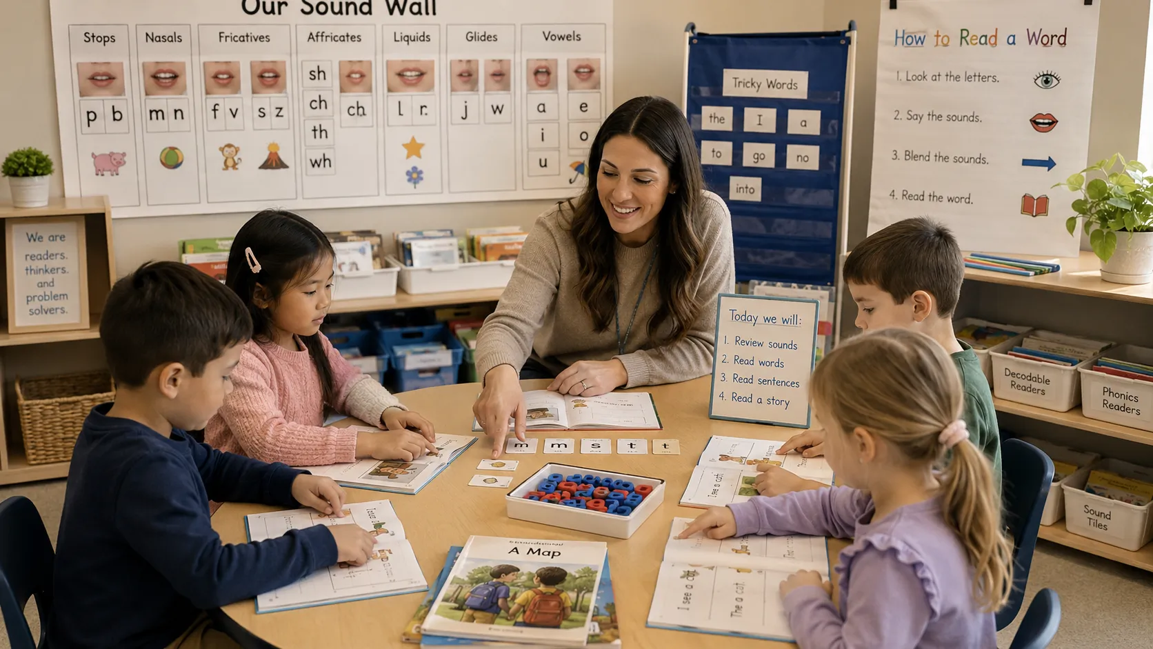 teacher working with small group on phonics instruction science of reading